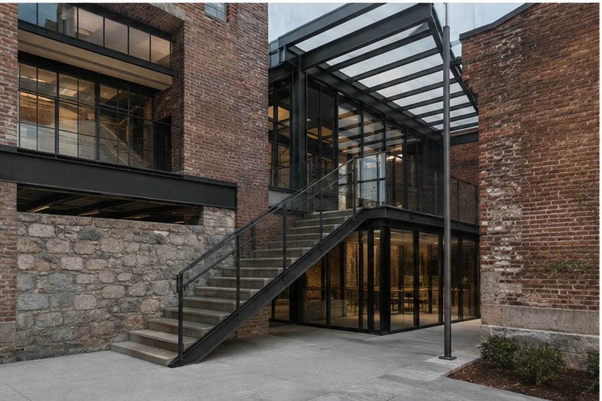 Mill District new steel-and-glass circulation inserted between old brick buildings.