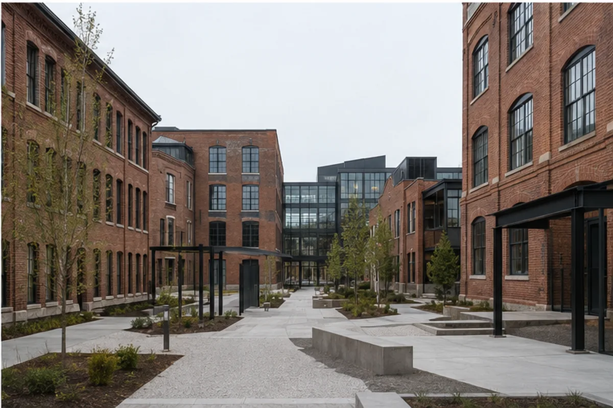 Mill District pedestrian sequence across the reused industrial campus courtyard.