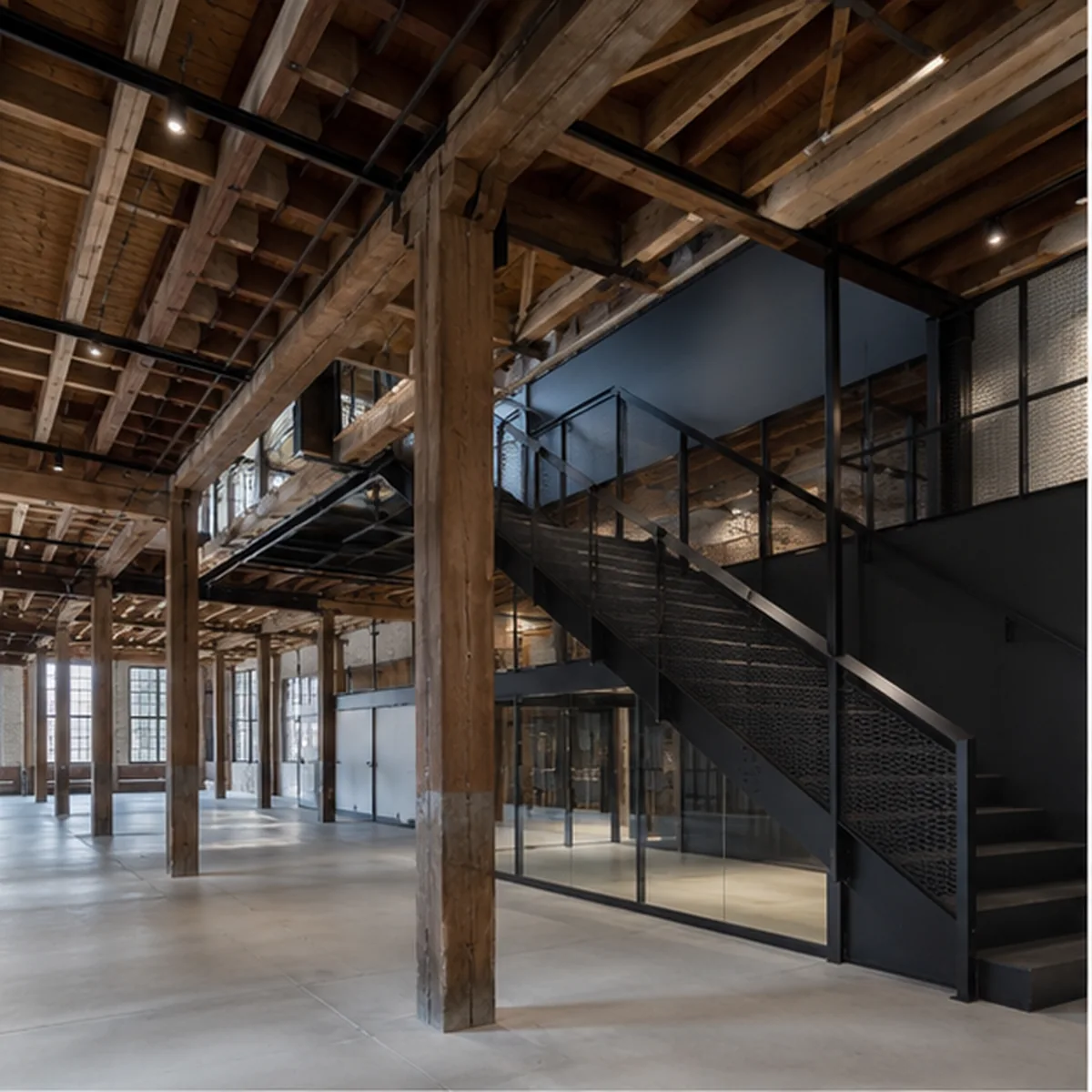 North Loop warehouse interior retaining heavy timber while adding a precise black steel stair and mezzanine.