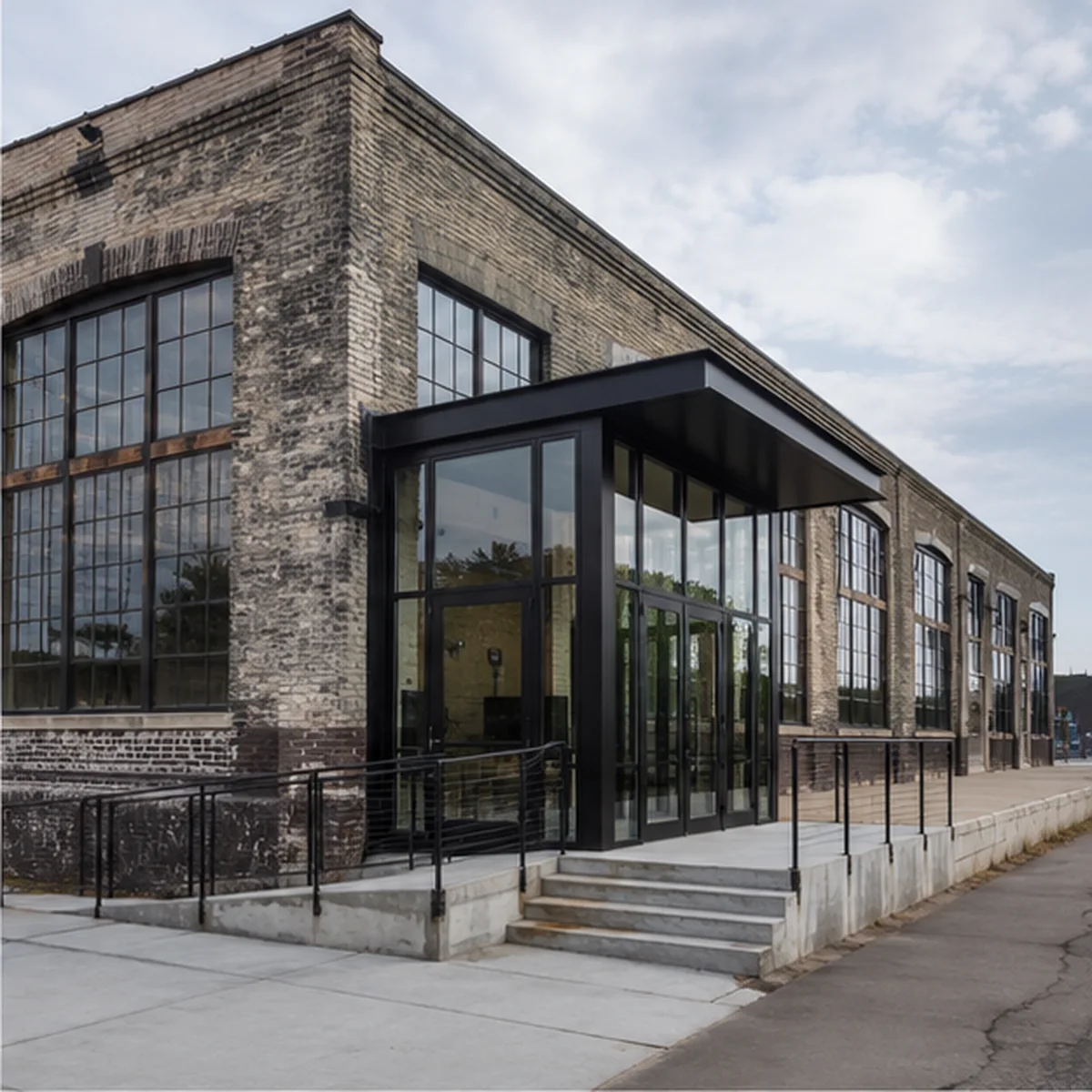 North Loop warehouse exterior with a restrained new steel-and-glass accessible entry.