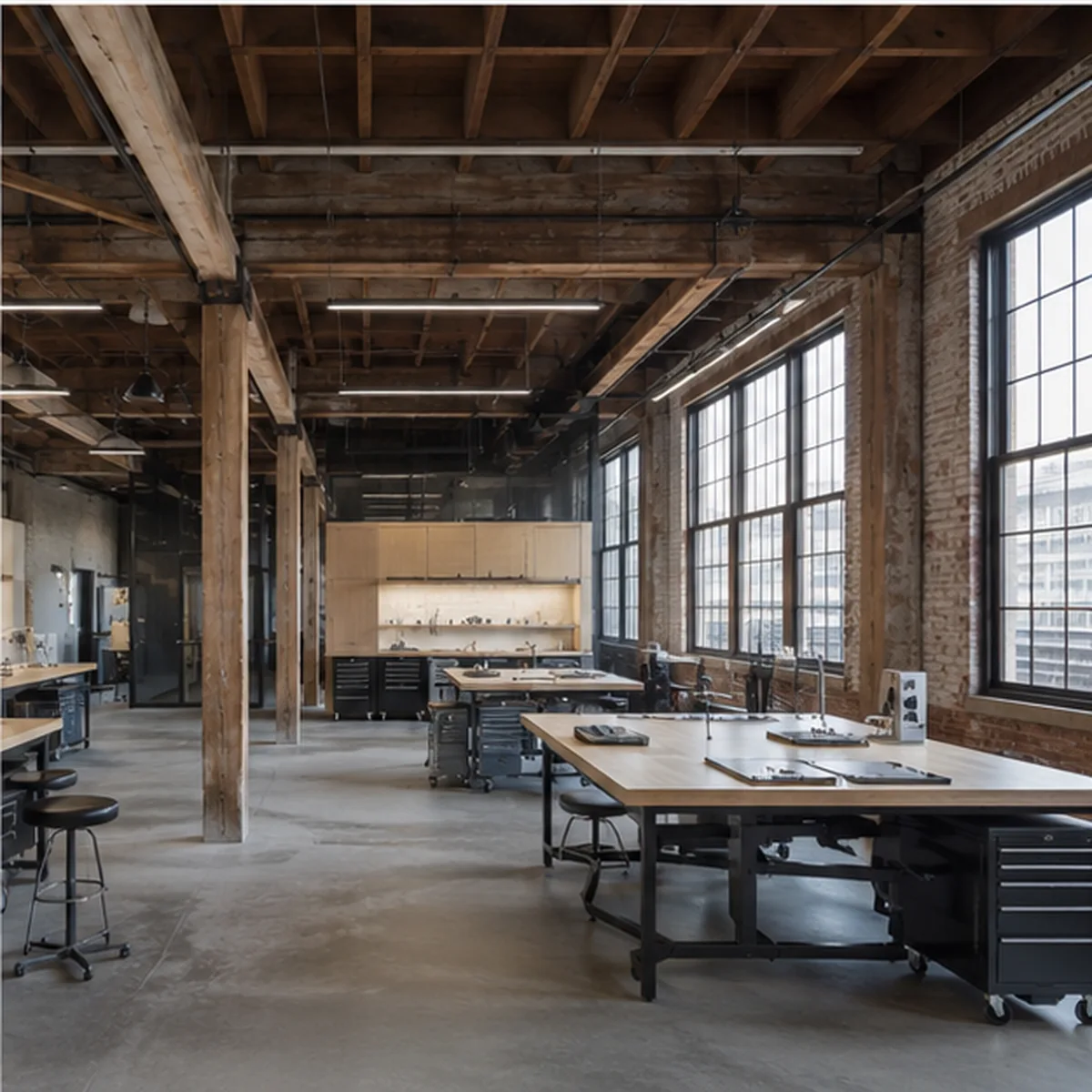 North Loop flexible maker/workplace space within the retained industrial structural grid.