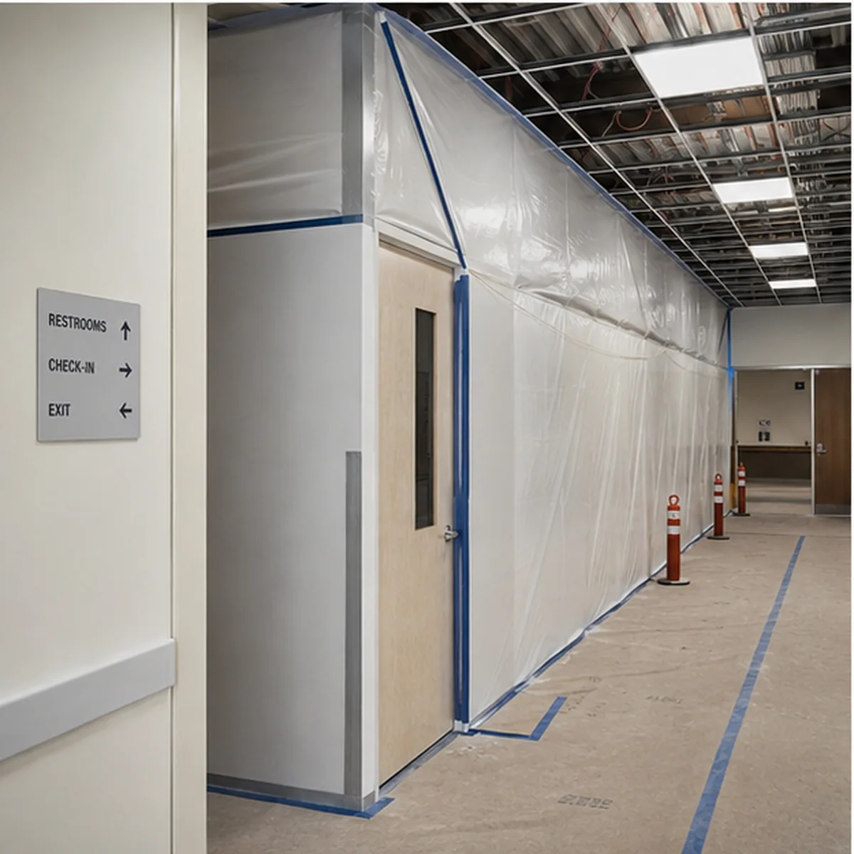 Riverbend occupied-facility phasing condition with protected temporary partitions and route control.