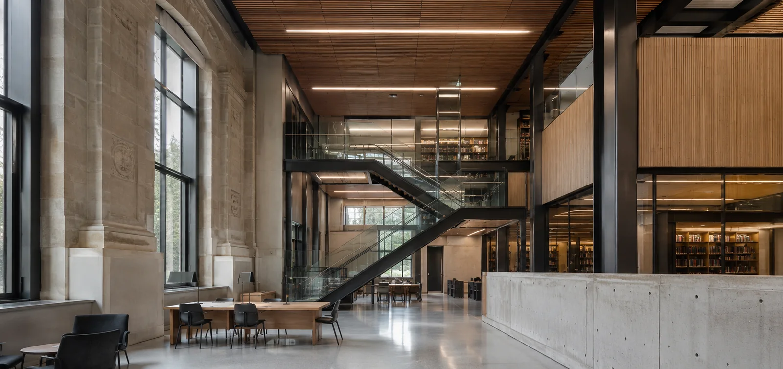 Adaptive-reuse institutional interior combining historic masonry with precise contemporary structure and circulation.
