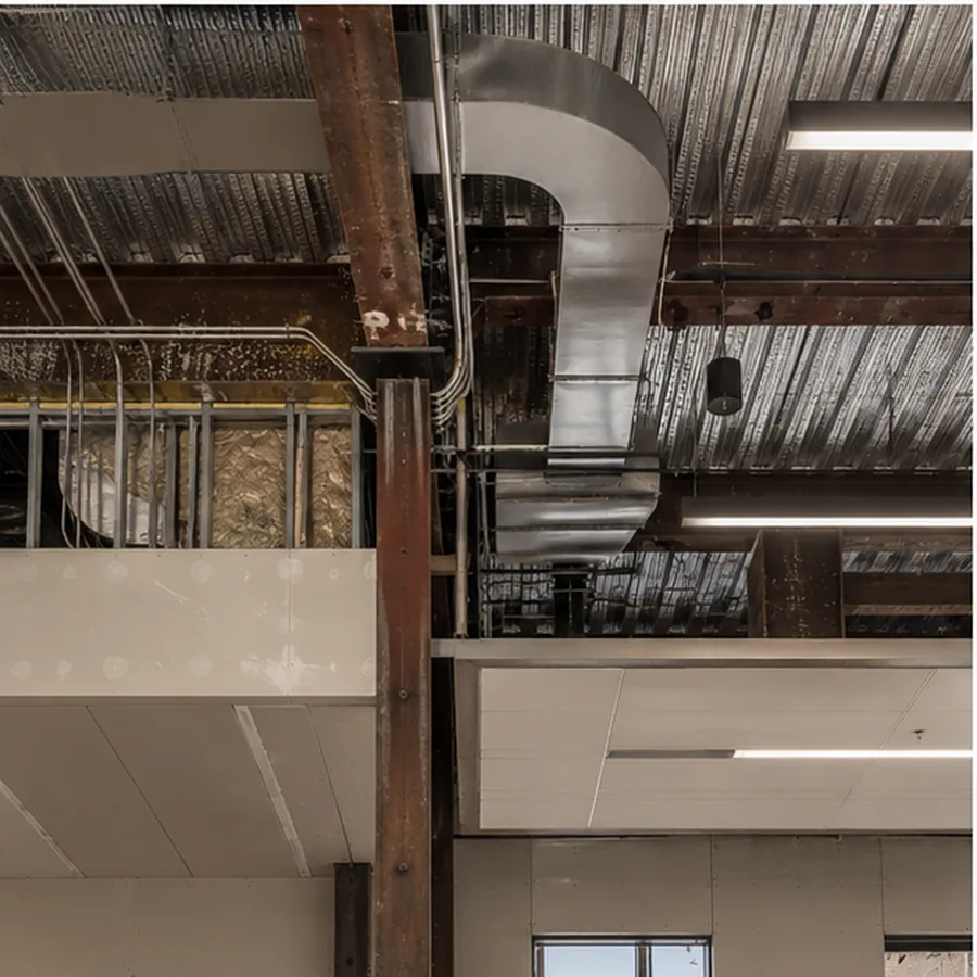 Institutional building-systems coordination detail through retained structure and new services.