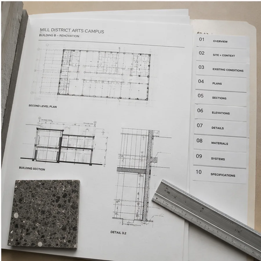 Indexed project-study sheets with plans, sections, material sample, numbered tabs, and scale.