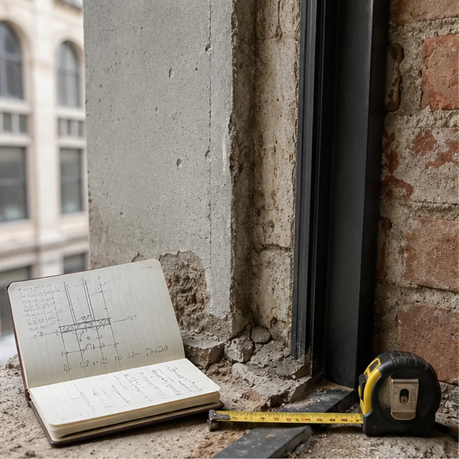 Existing masonry, concrete, and steel window junction documented in the field.