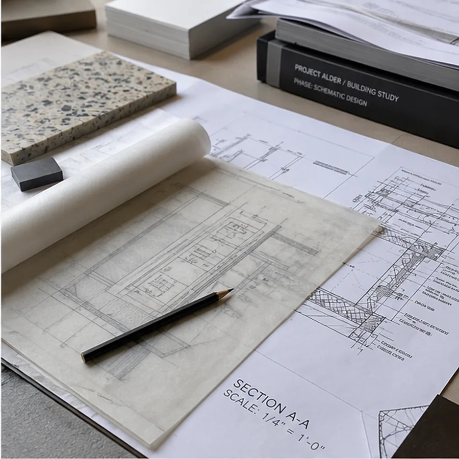 Architectural section and detail drawings with tracing paper and material sample.