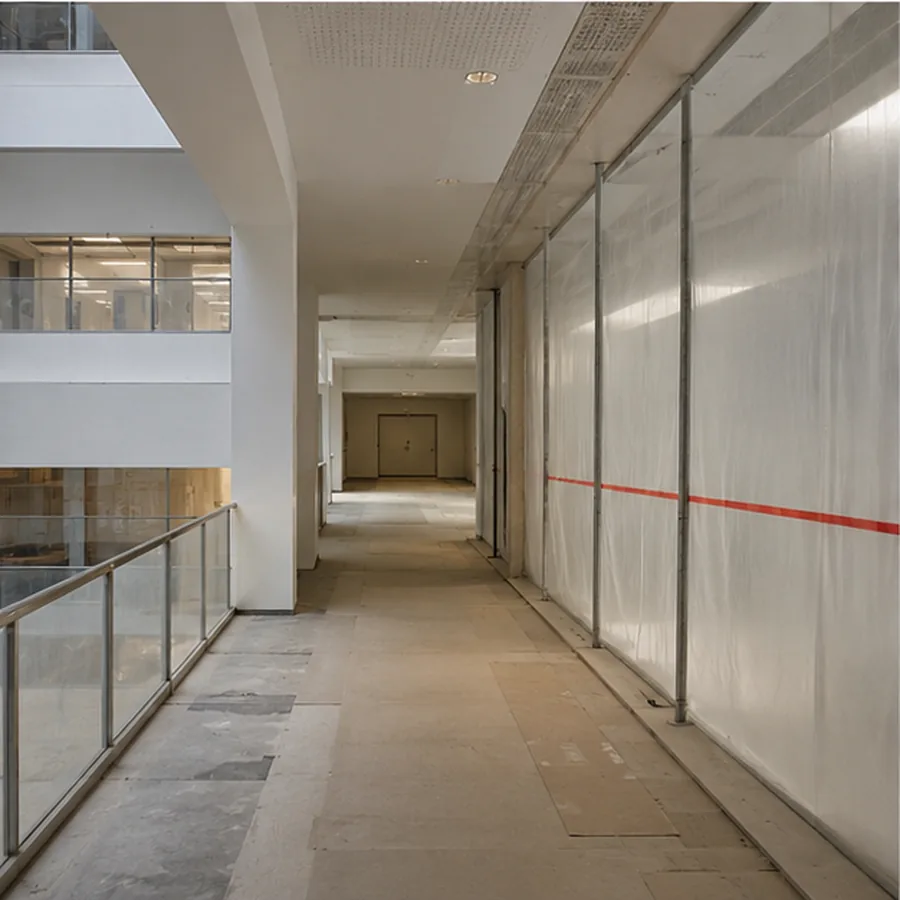 Institutional circulation corridor protected for occupied-building phasing.