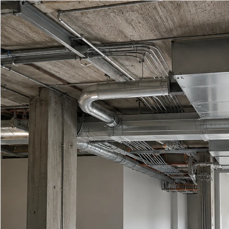 Exposed structural and building-service zone showing duct, conduit, and access relationships.