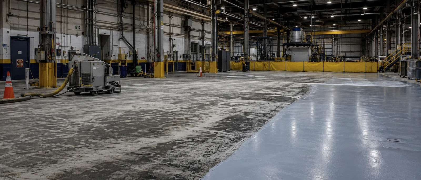 Industrial facility floor showing mechanically prepared concrete beside a finished coating zone.