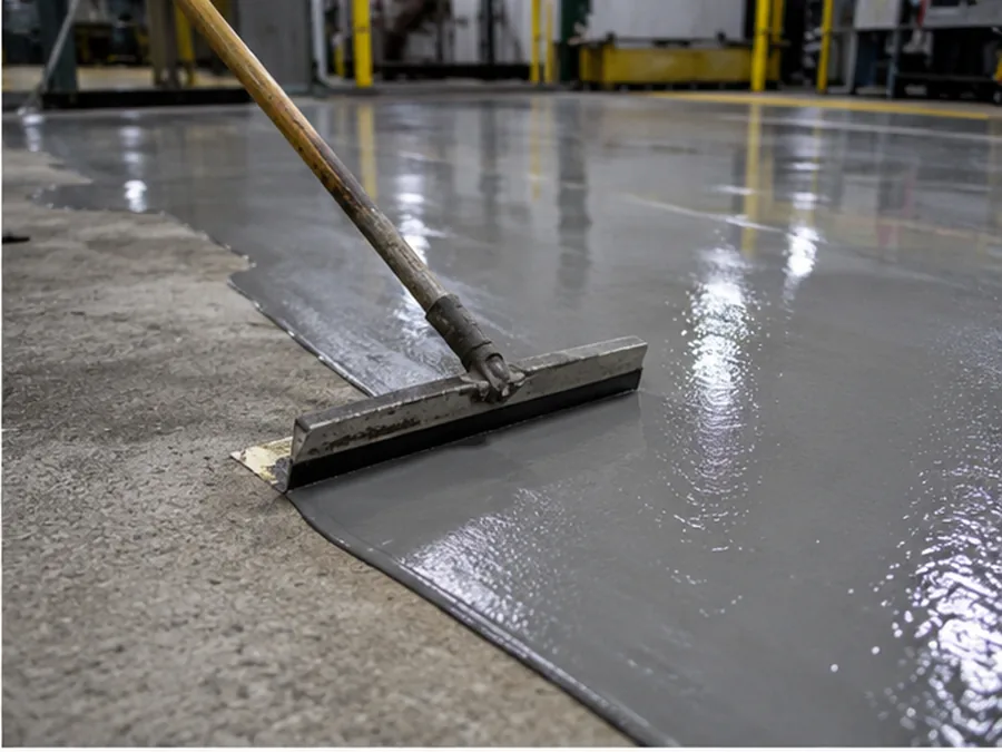 Industrial protective coating being spread across prepared concrete.