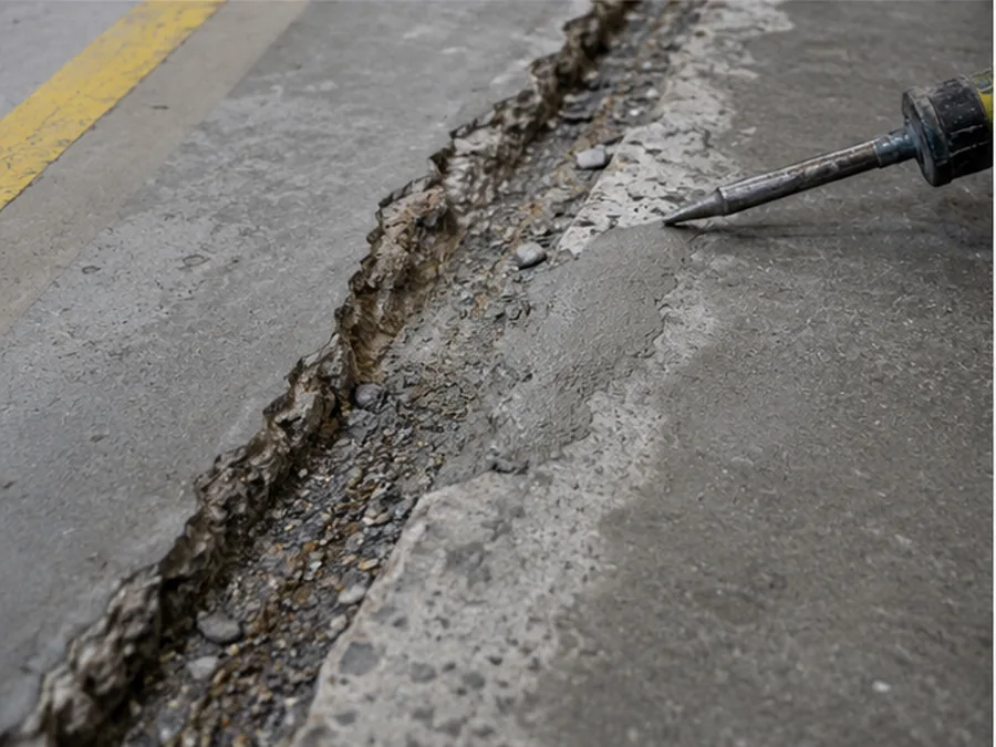 Damaged concrete joint or edge opened for repair preparation.