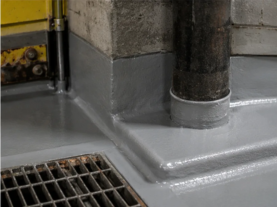Coated floor-to-wall and pipe-penetration transition beside an industrial drain.