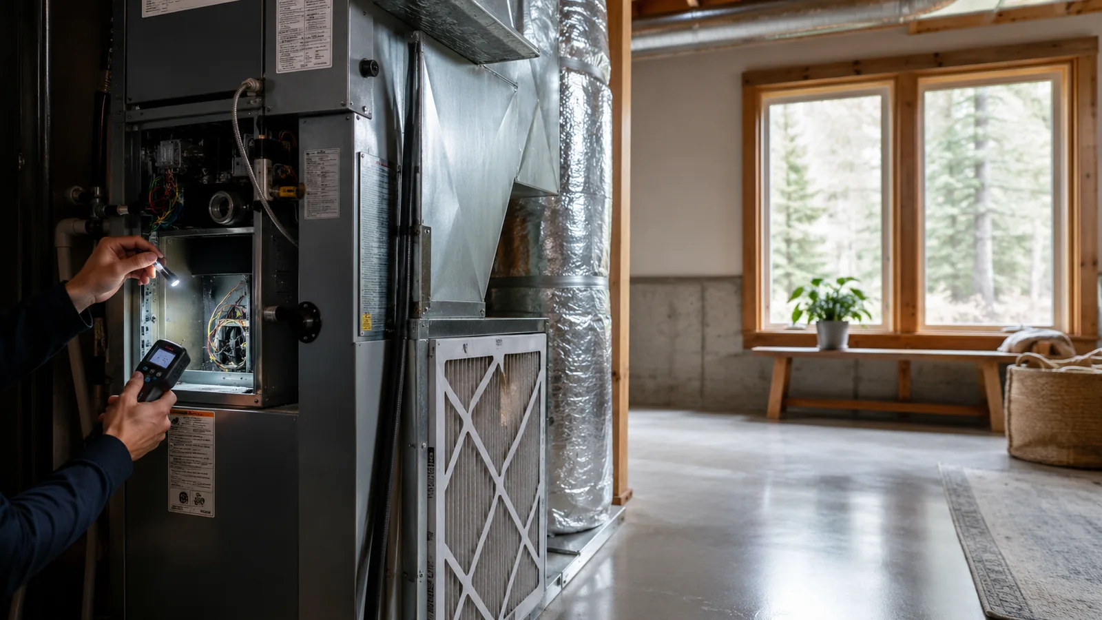 Technician hands inspecting a residential HVAC air handler and duct system.