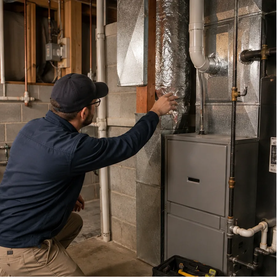 Technician inspecting furnace and duct transitions in an older home.