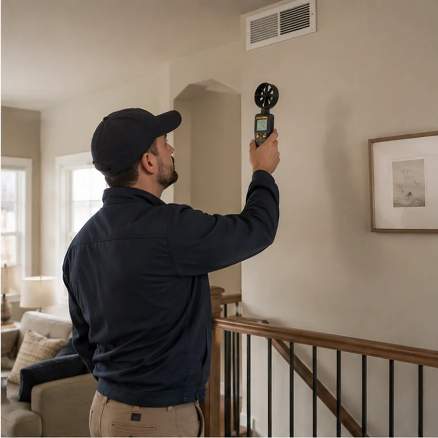 Technician measuring airflow at an upstairs residential vent.