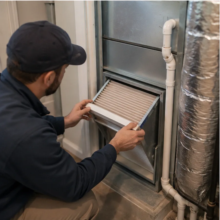 Technician checking filtration at a return-air cabinet.