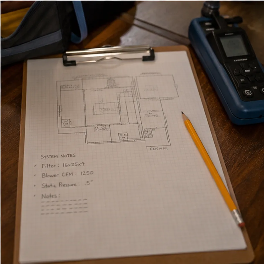 HVAC service-notes sheet, meter, pencil, and simple system sketch.