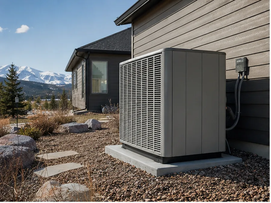 Unbranded residential heat-pump unit beside a Northern Colorado home.