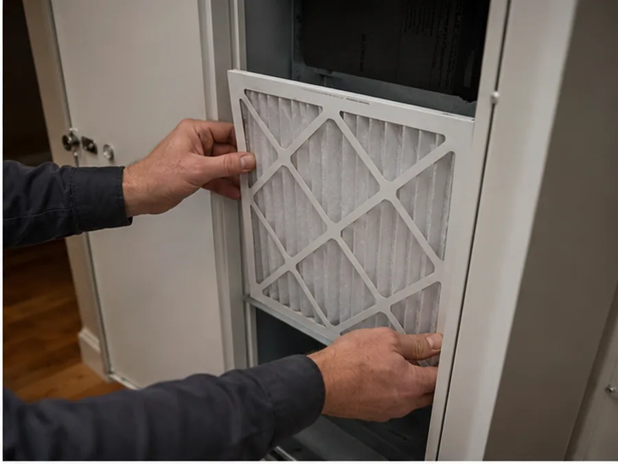Technician hands checking a pleated HVAC filter at the return cabinet.