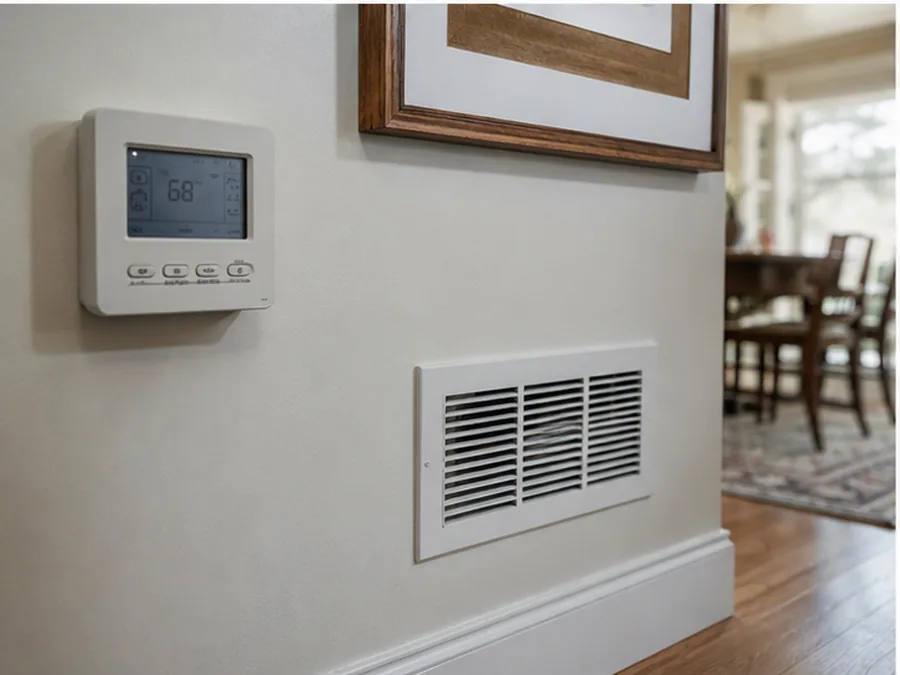 Wall thermostat and nearby return vent in a lived-in residential interior.