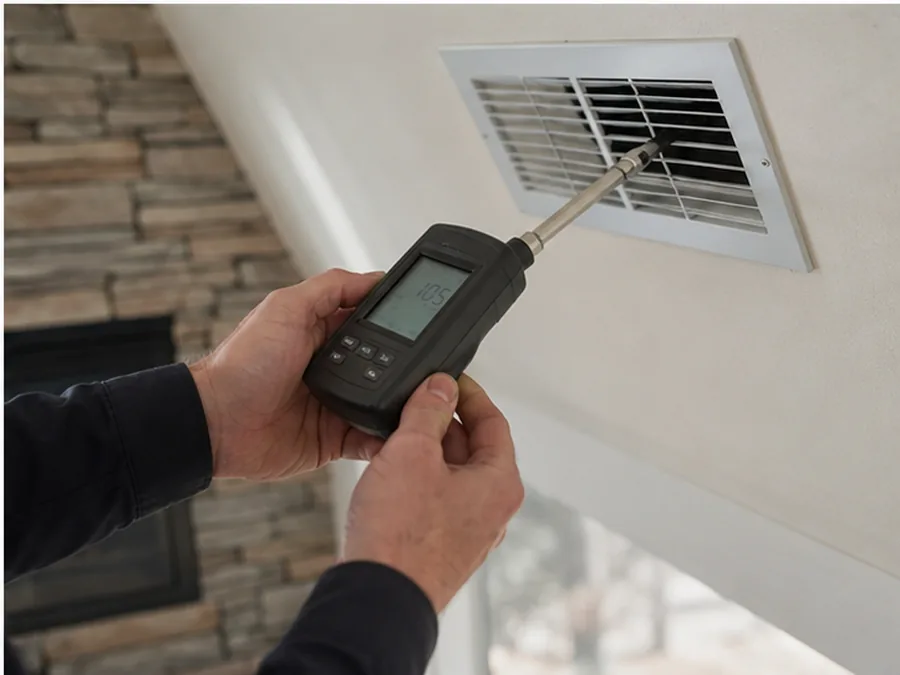 Technician measuring airflow at a residential supply register.