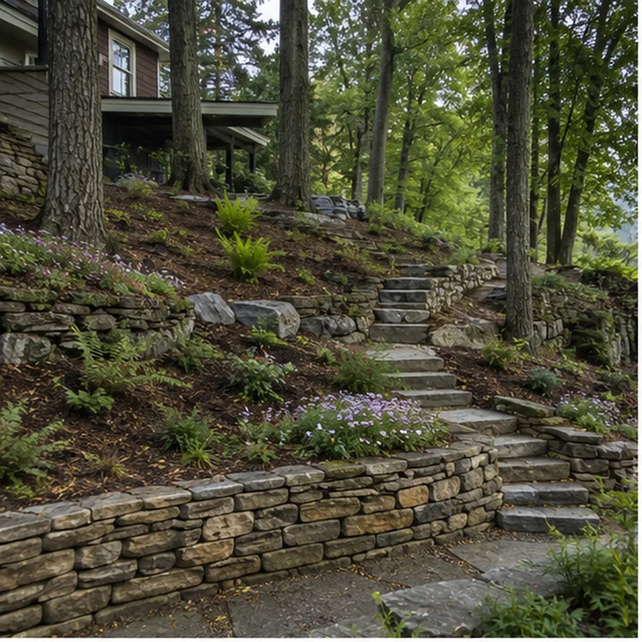 Terraced wooded slope with natural stone steps and planted grade transitions.