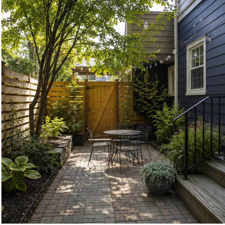 Compact shaded courtyard with simple pavers, planting edges, and clear circulation.