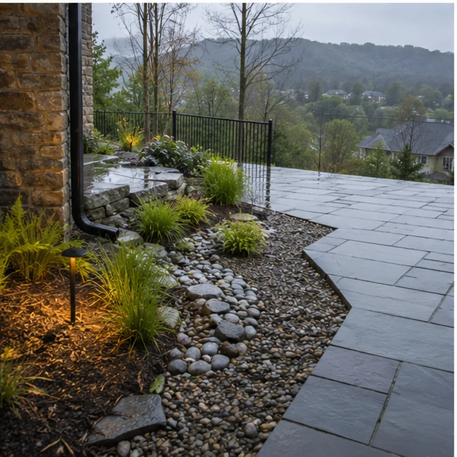 Rain-wet patio with planted drainage and stone swale guiding runoff.