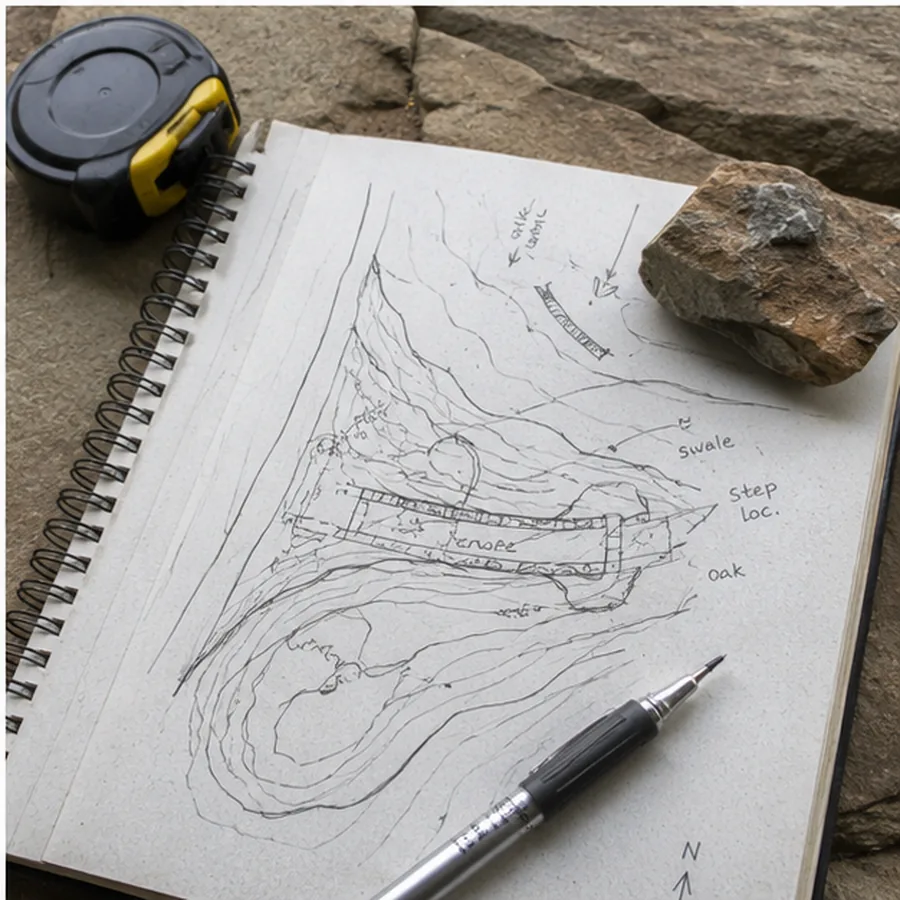 Field sketch with contour notes, measuring tape, pencil, stone, and soil context.