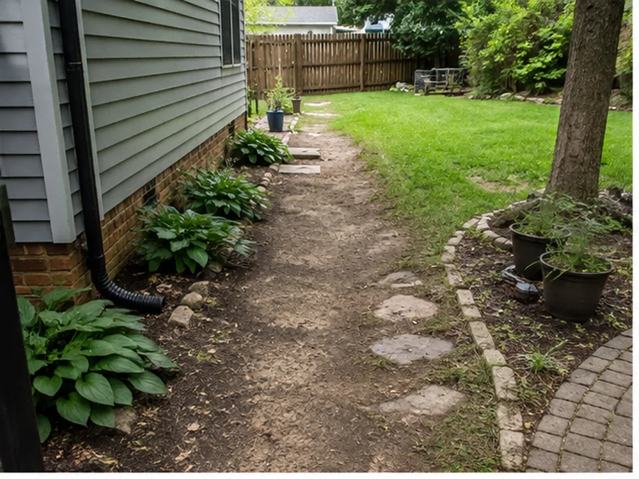 Worn side-yard circulation path showing existing use and edge conditions.