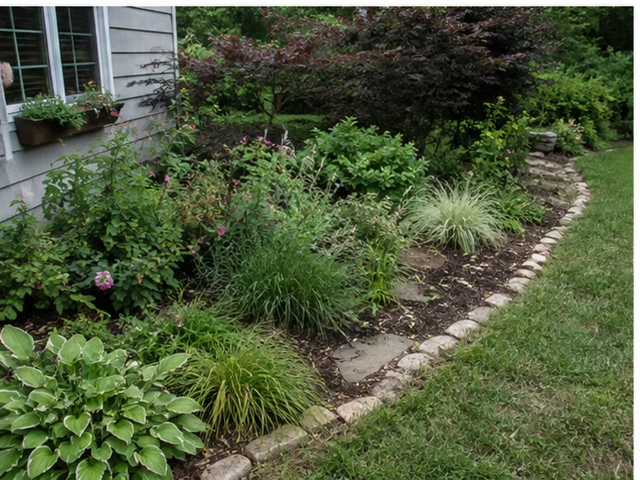 Existing mixed planting bed with mature plants, gaps, and circulation edges.