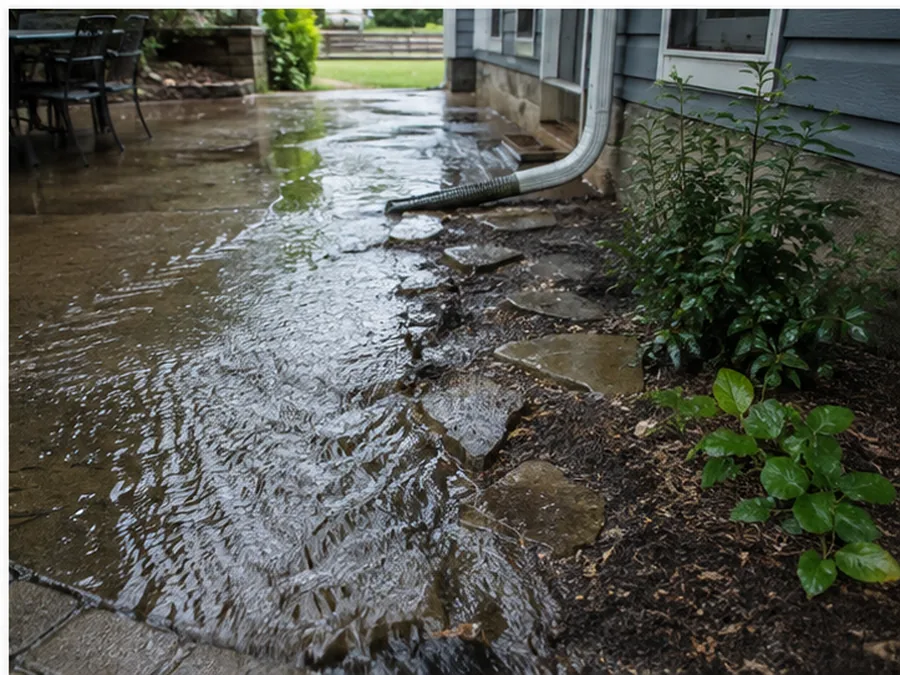 Rainwater moving across a low patio near a downspout and planted edge.