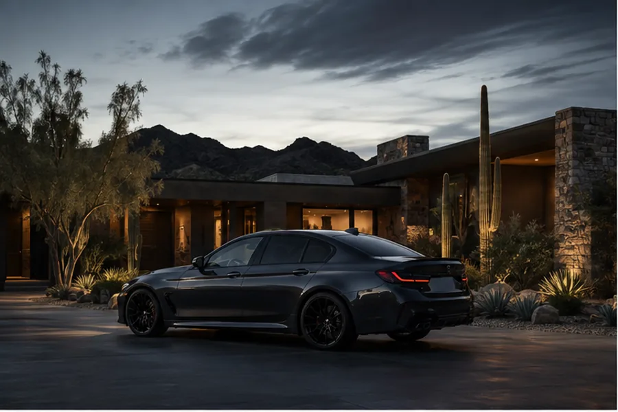 Graphite sedan outside a desert-modern residence at dusk.