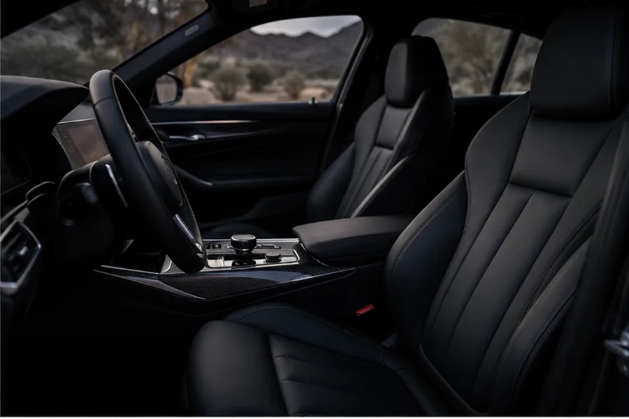 Dark leather vehicle cabin with clean, uncluttered surfaces.