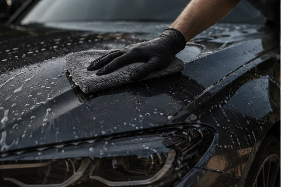 Gloved hand wiping a wet graphite hood with a microfiber towel.