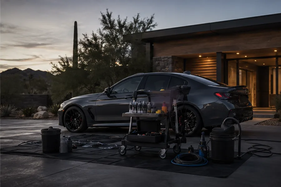 Unbranded mobile detailing equipment arranged beside a graphite sedan.