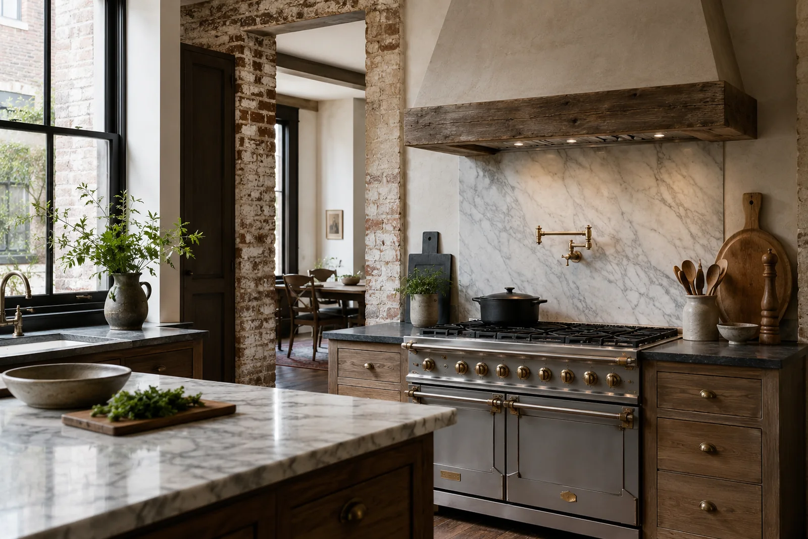 Warm renovated older-home kitchen with natural wood, stone, plaster, and exposed brick.