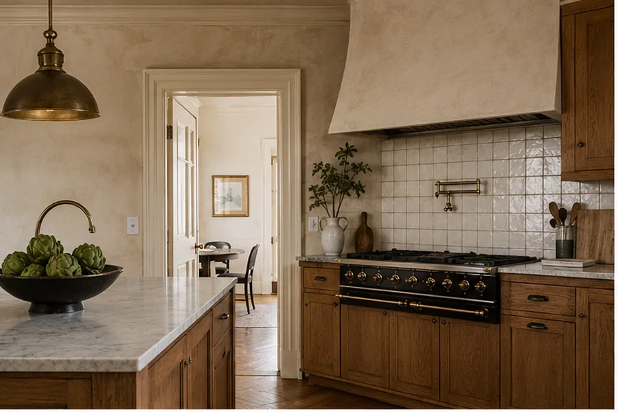 Fictional Museum District kitchen renovation with warm wood and plaster.