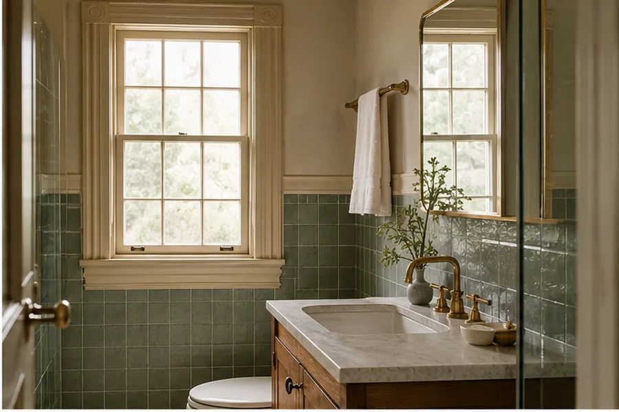 Fictional Westover Hills bathroom renovation with green tile and original trim.