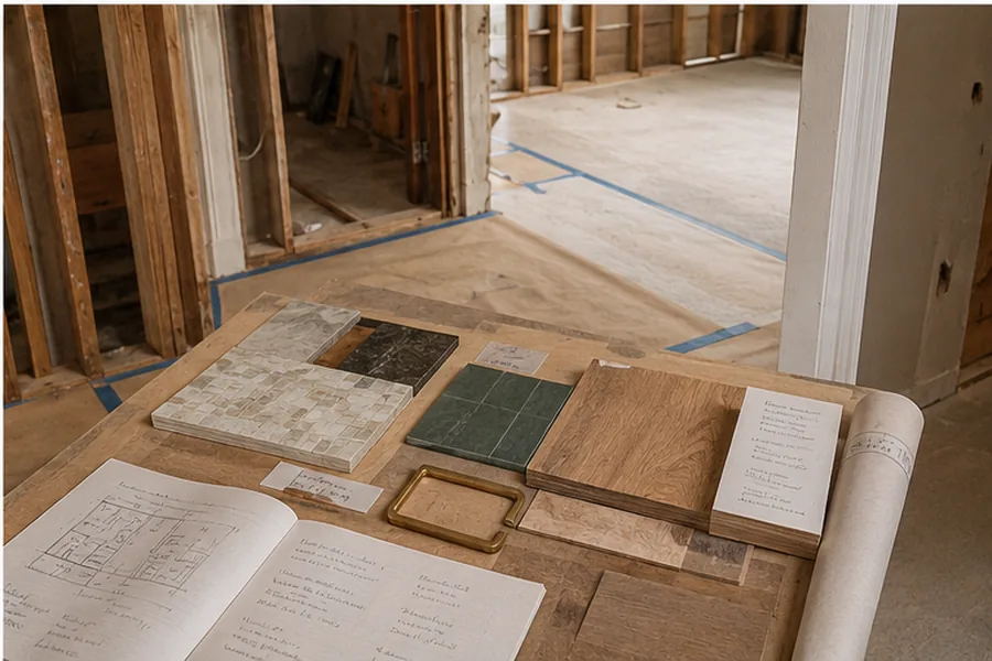 Renovation planning table beside an opened wall and protected work area.