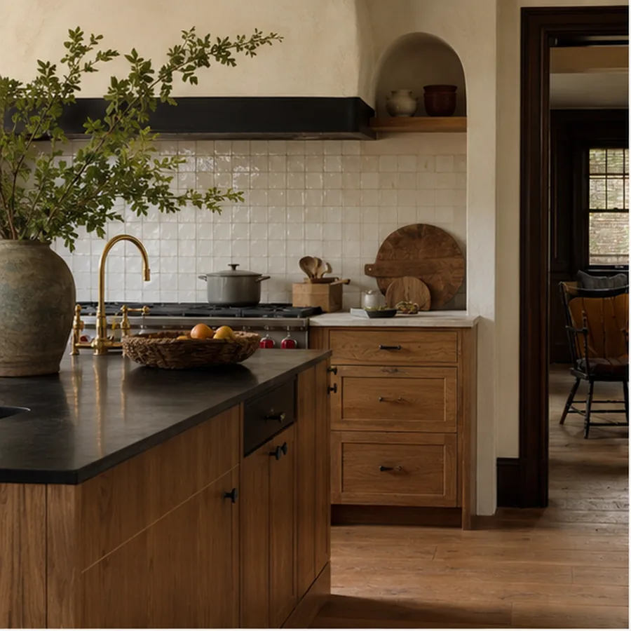 Warm renovated kitchen detail with oak cabinetry and handmade tile.