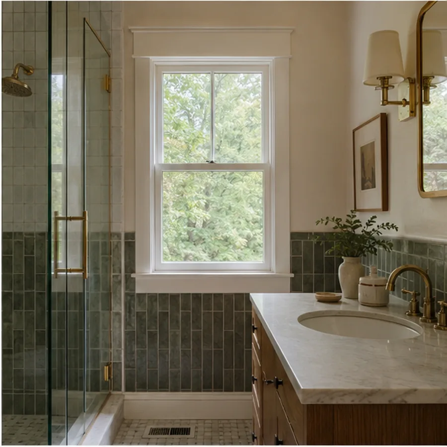 Compact bathroom renovation integrating muted green tile with original window trim.