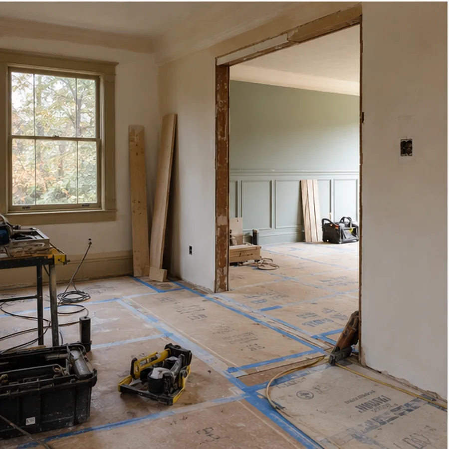Active older-home renovation with protected floors and an opened wall transition.