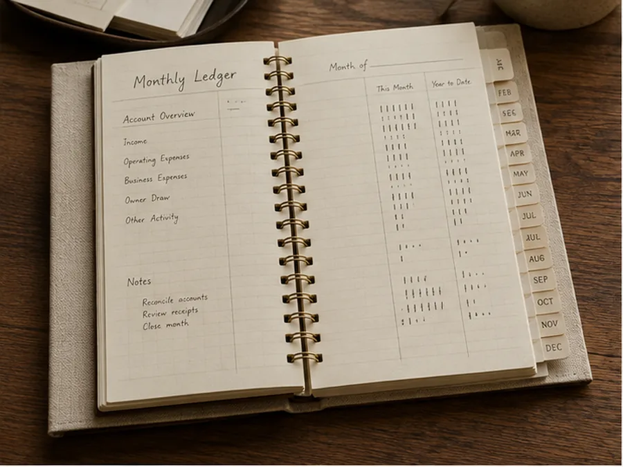 Monthly ledger notebook with month tabs and abstract bookkeeping marks.
