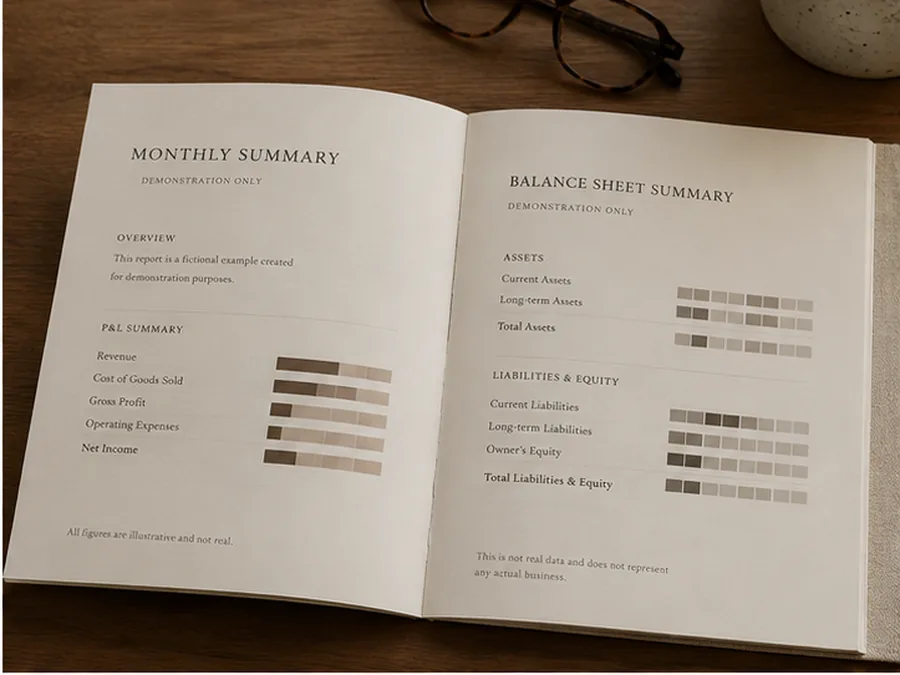 Fictional demonstration monthly summary and balance-sheet report spread.