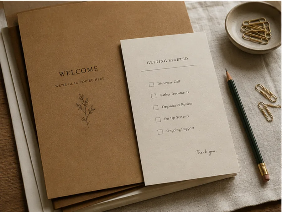 Warm onboarding folder and bookkeeping setup checklist on a work table.
