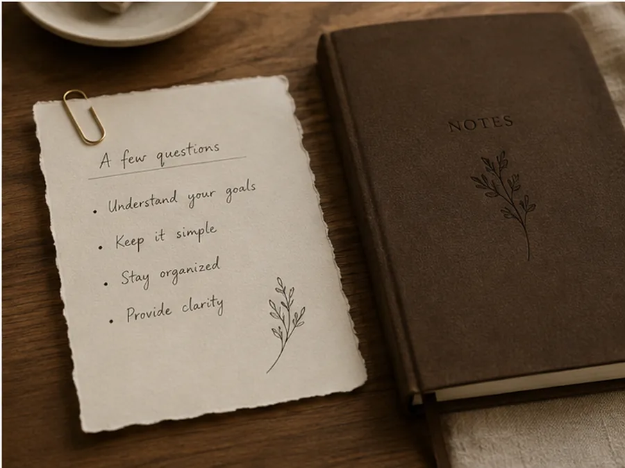 Handwritten question note beside a quiet brown notebook.